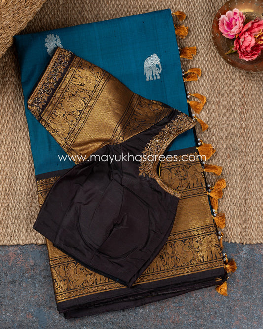 Copper Blossom: Gadwal Pure Silk Saree With Copper Borders