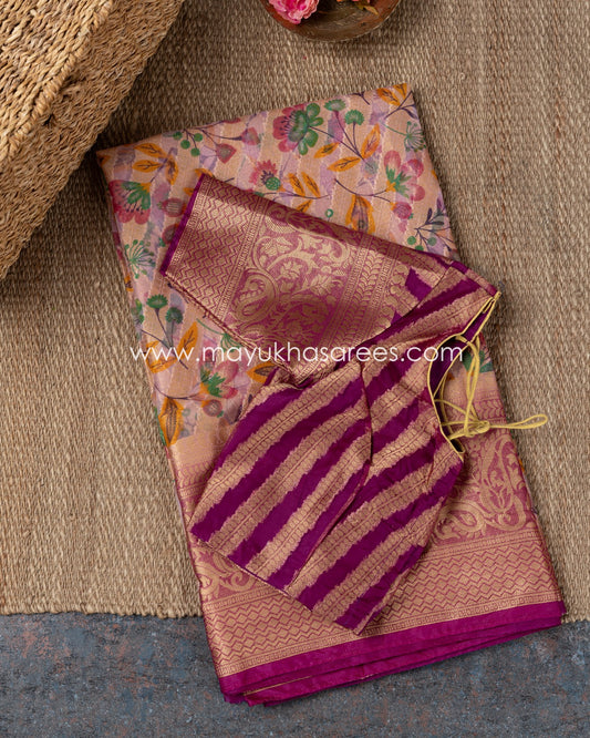 Floral Fusion: Banarasi Kora Saree With Stitched Designer Blouse