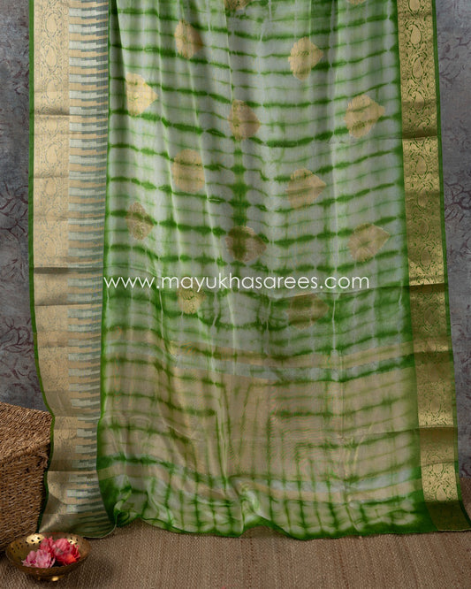 Shibori Dyes Banarasi Kora Saree With Stitched Custom Blouse Size 38-44