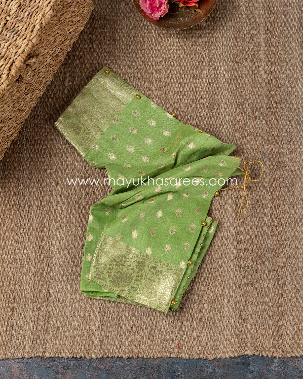 Banarasi Linen Silk Orange And Green Saree With Stitched Custom Blouse