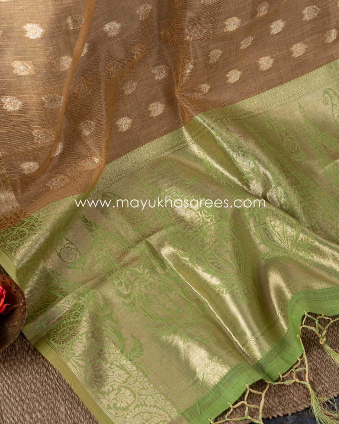 Banarasi Linen Silk Orange And Green Saree With Stitched Custom Blouse