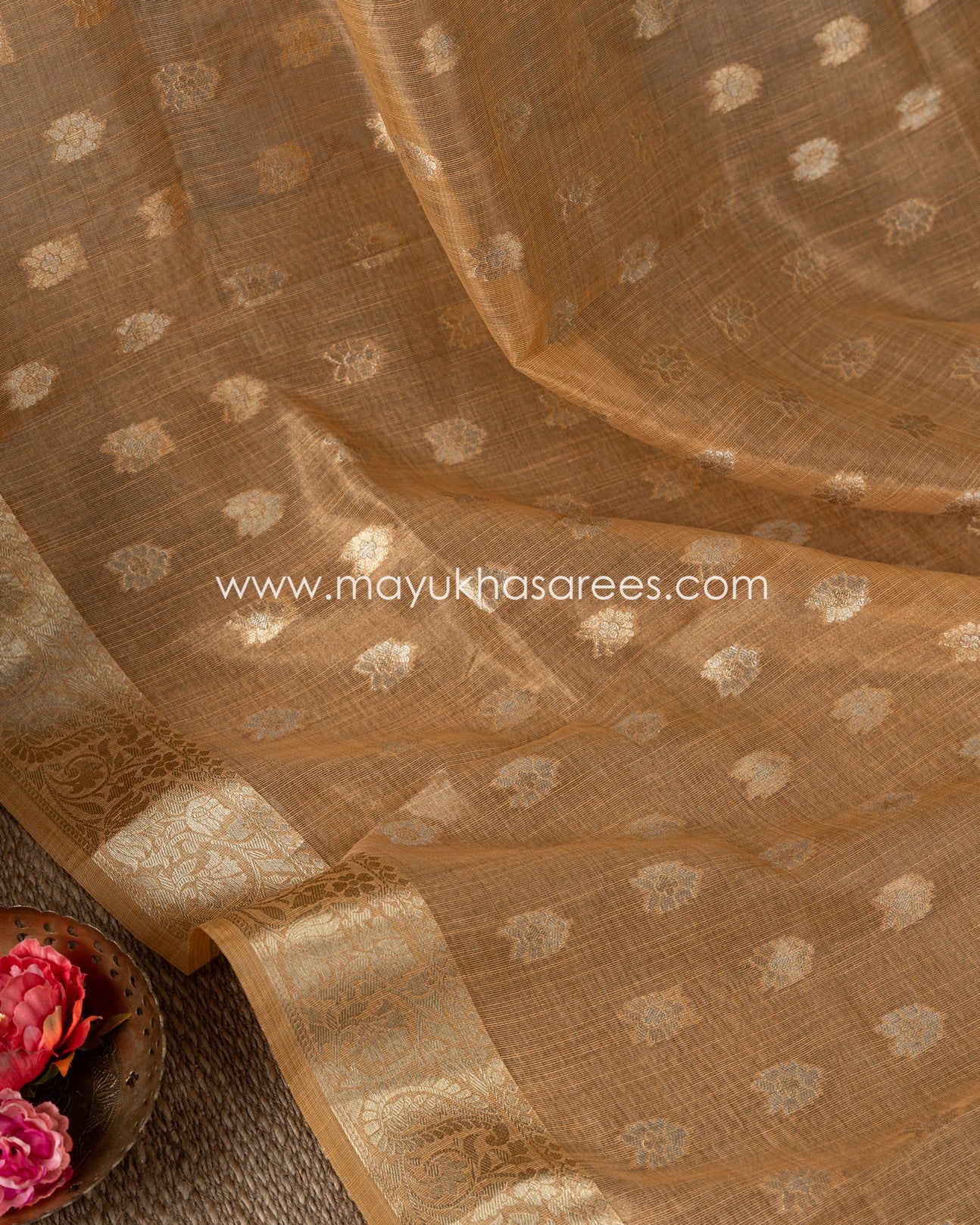 Banarasi Linen Silk Orange And Green Saree With Stitched Custom Blouse