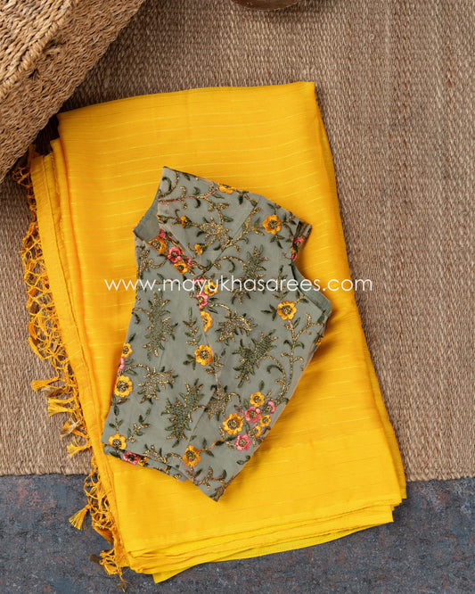 Golden Glow Chiffon Mustard And Grey Saree With Stitched Custom Blouse