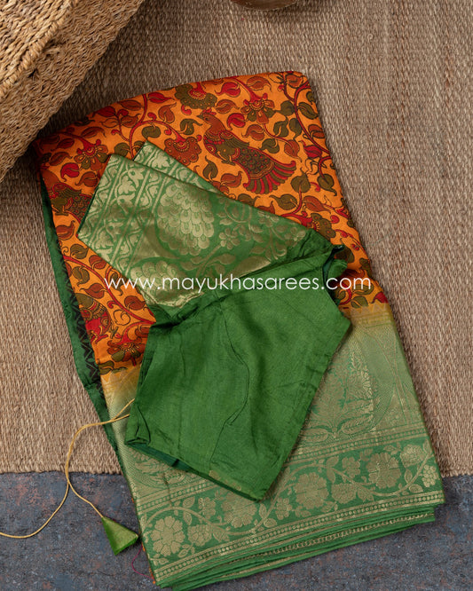 Munga Silk Kalamkari Orange And Green Saree With Stitched Custom Blouse