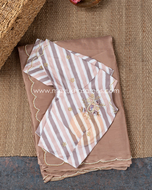 Mauve Shimmer Organza Saree With Hand Worked Borders And Beige Striped Blouse