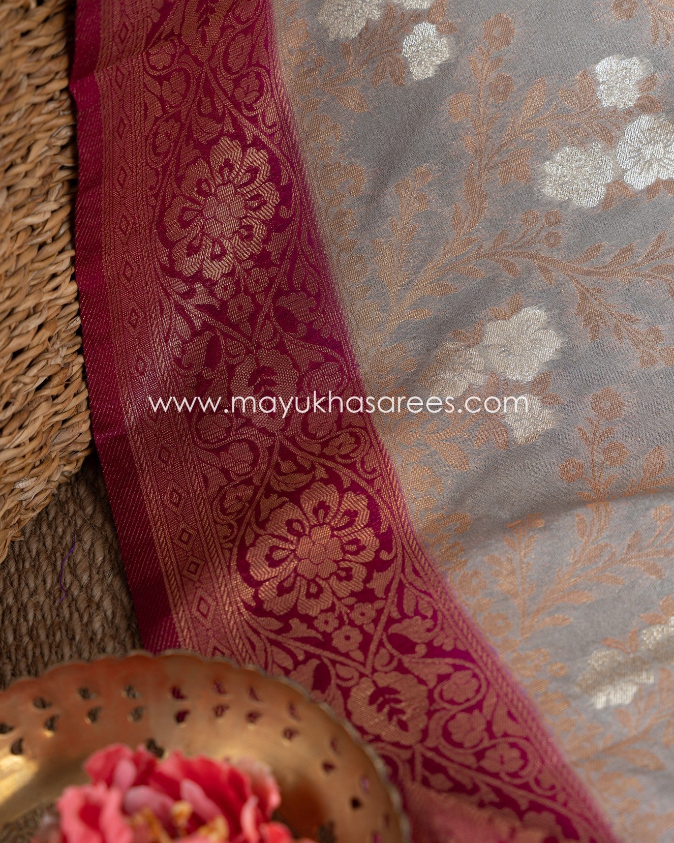 Banarasi Bliss: Soft Silk Grey And Magenta Saree With Stitched Custom Blouse