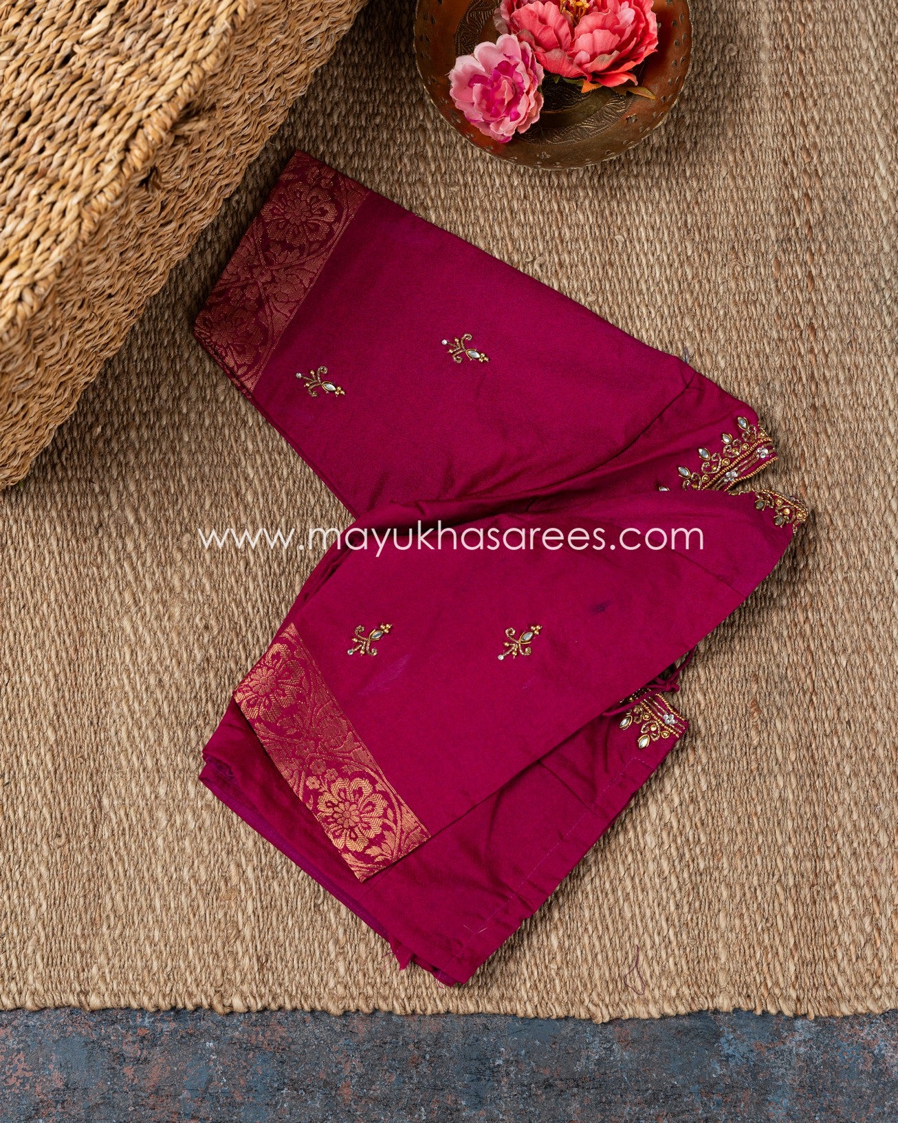 Banarasi Bliss: Soft Silk Grey And Magenta Saree With Stitched Custom Blouse