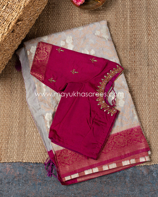 Banarasi Bliss: Soft Silk Grey And Magenta Saree With Stitched Custom Blouse