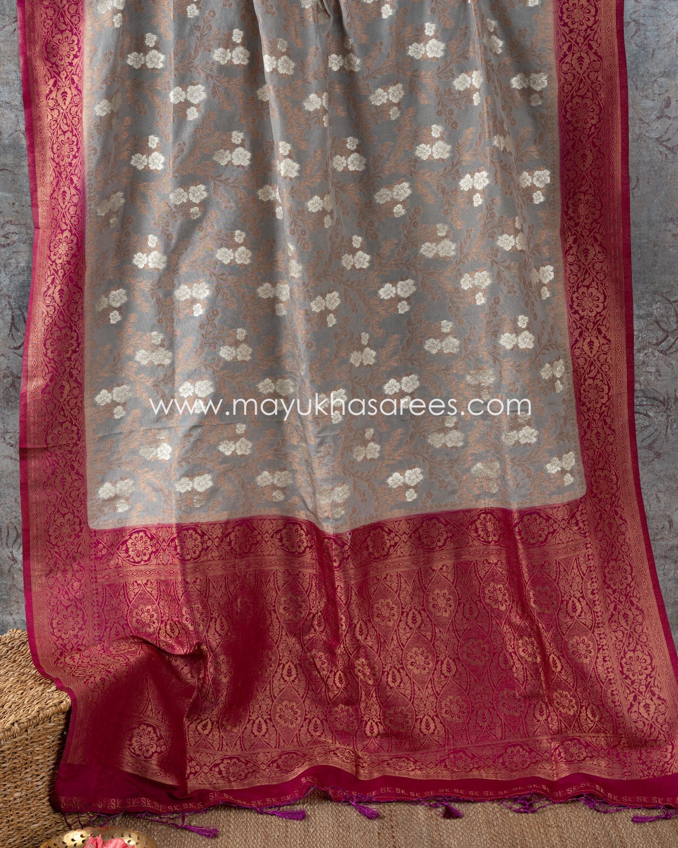 Banarasi Bliss: Soft Silk Grey And Magenta Saree With Stitched Custom Blouse