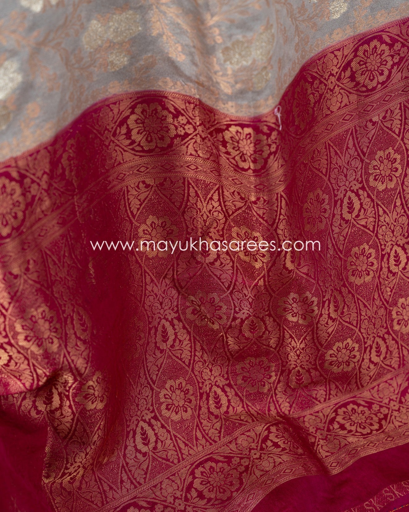 Banarasi Bliss: Soft Silk Grey And Magenta Saree With Stitched Custom Blouse