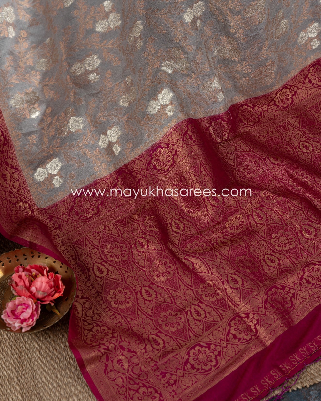 Banarasi Bliss: Soft Silk Grey And Magenta Saree With Stitched Custom Blouse