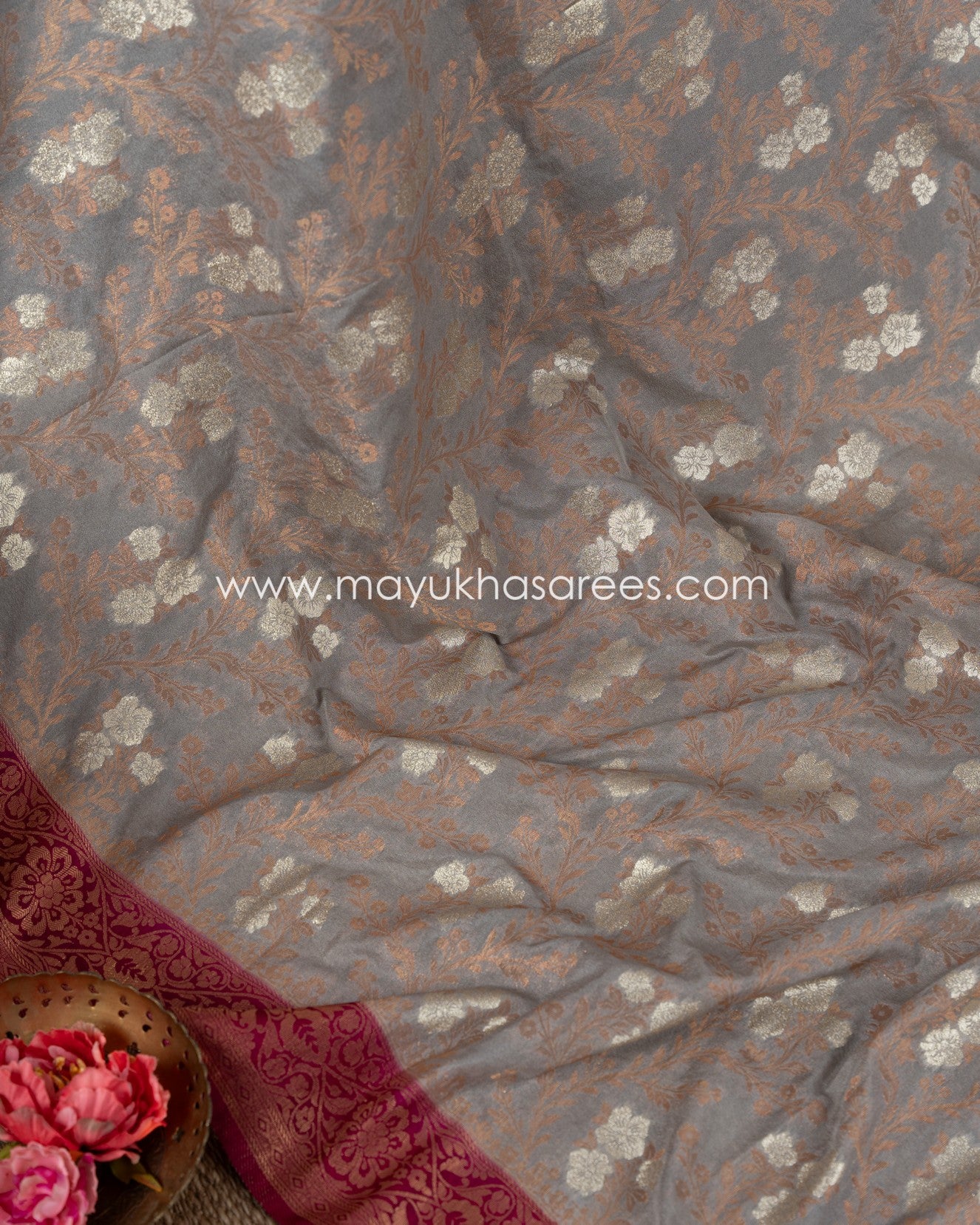 Banarasi Bliss: Soft Silk Grey And Magenta Saree With Stitched Custom Blouse