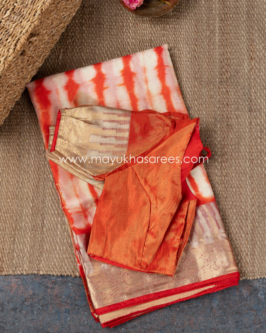 Shibori Dyes Orange And Beige Banarasi Kora Saree With Stitched Custom Blouse