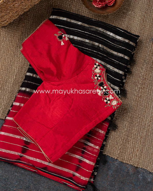 Shibori Elegance: Black And Red Gorgette Saree With Stitched Custom Rawsilk Blouse