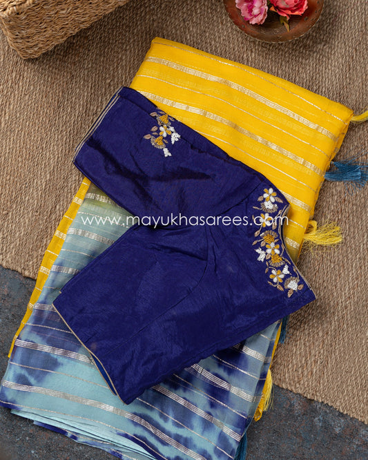 Shibori Magic: Stitched Custom Blouse Saree Collection In Yellow, Grey, Navy