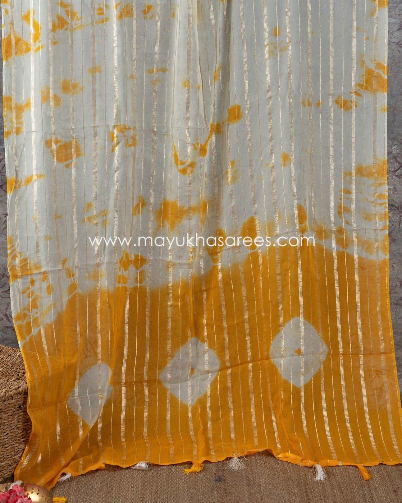 Shibori Elegance: Beige And Yellow Gorgette Saree With Stitched Custom Rawsilk Blouse