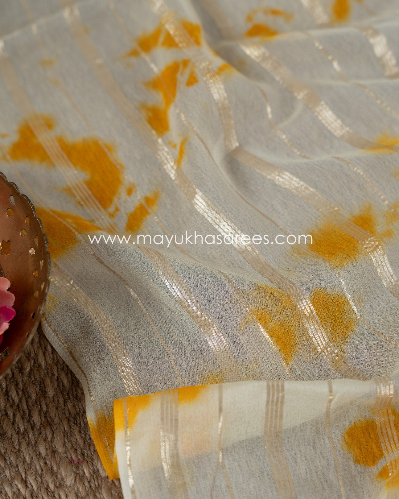 Shibori Elegance: Beige And Yellow Gorgette Saree With Stitched Custom Rawsilk Blouse