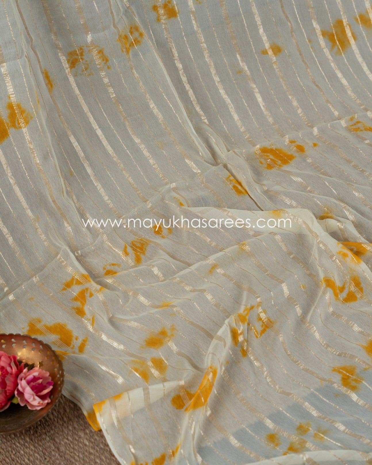 Shibori Elegance: Beige And Yellow Gorgette Saree With Stitched Custom Rawsilk Blouse