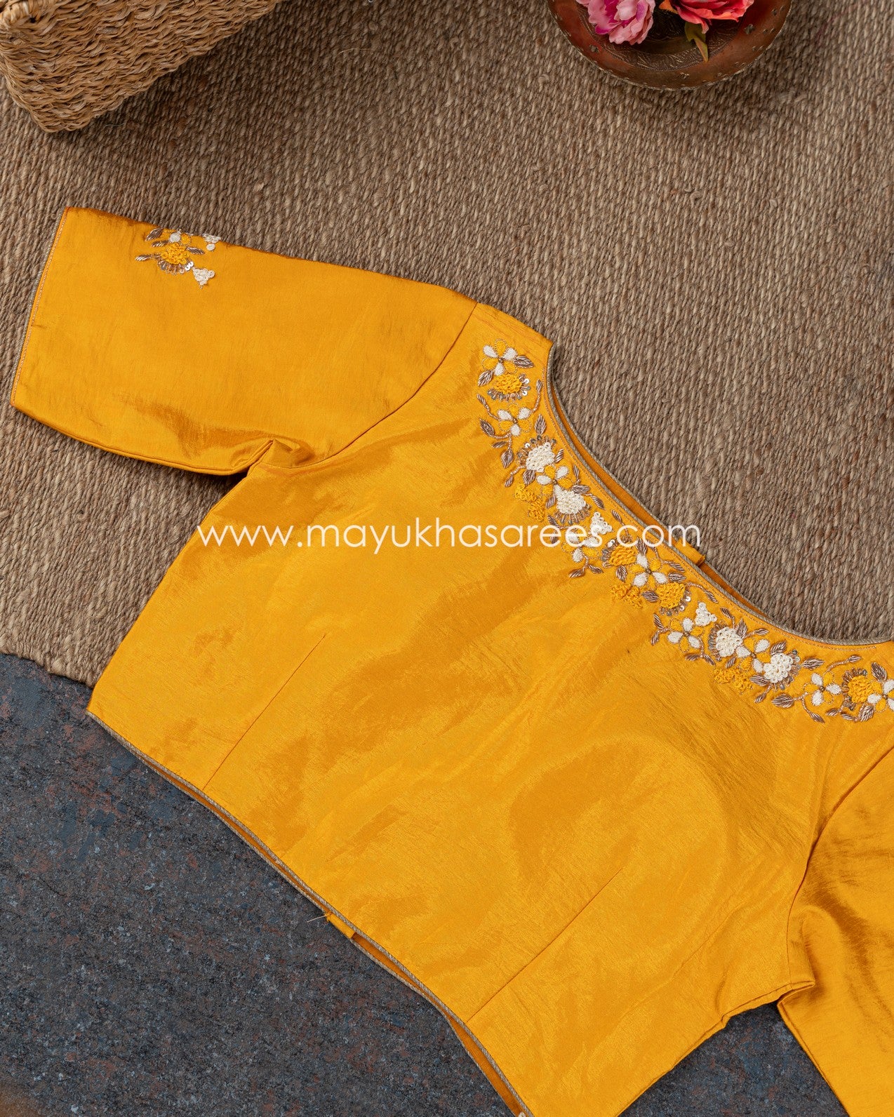 Shibori Elegance: Beige And Yellow Gorgette Saree With Stitched Custom Rawsilk Blouse