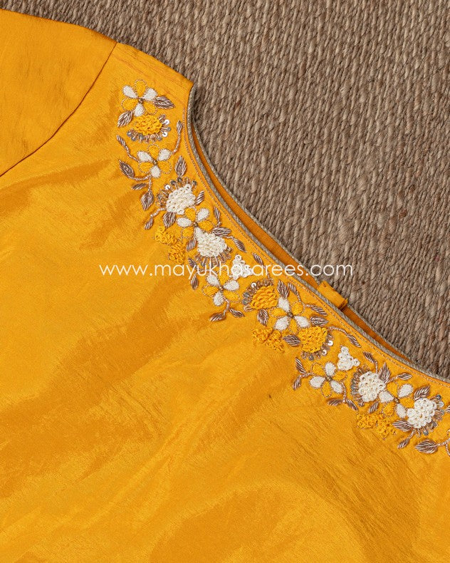 Shibori Elegance: Beige And Yellow Gorgette Saree With Stitched Custom Rawsilk Blouse