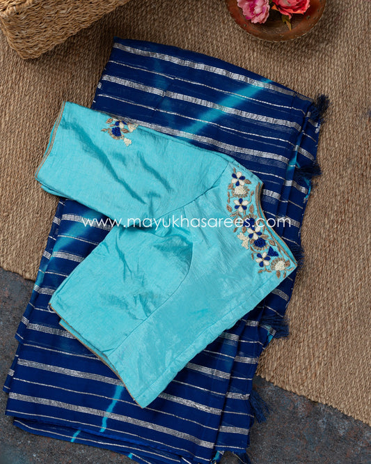 Stitched Custom Couture Collection: Navy Blue Shibori Silk Saree With Rawsilk Maggam Blouse