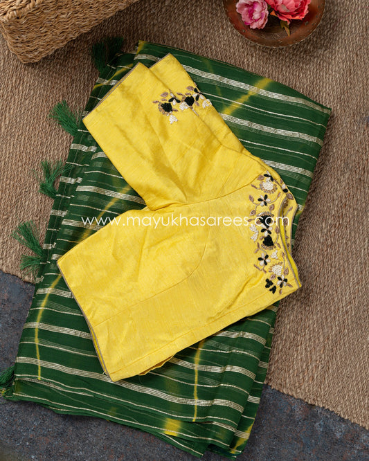 Shibori Hues: Green And Yellow Gorgette Saree With Rawsilk Blouse