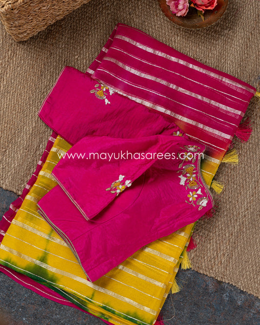 Shibori Hues Silk Saree With Rawsilk Maggam Work Blouse