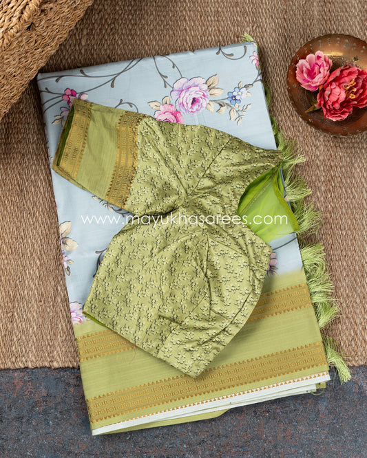 Floral Bliss: Munga Mungs Silk Blue-Green Saree With Stitched Custom Blouse