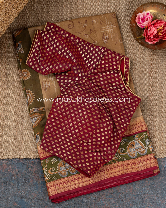 Mayukha Tassar Tassar Saree With Banarasi Blouse - Brown/Maroon Weave