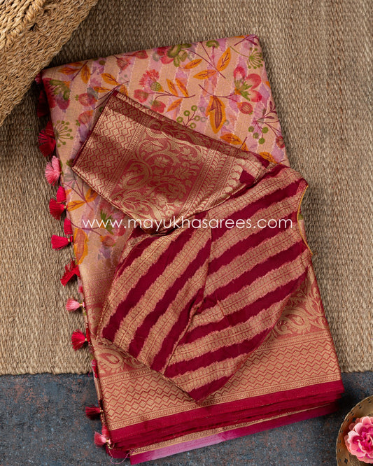 Maroon Magic: Banarasi Kora Pink And Maroon Saree With Stitched Custom Blouse
