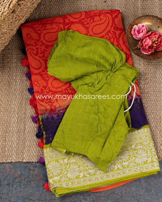 Vibrant Blooms: Orange And Green Handblock Printed Pure Gorgette Saree