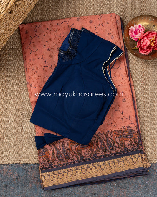 Peach And Navy Blue Tassae Tassar Saree With Chikankari Gorgette Blouse