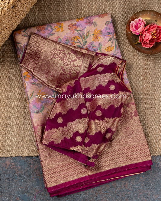 Floral Wine Delight - Banarasi Kora Saree With Stitched Custom Blouse