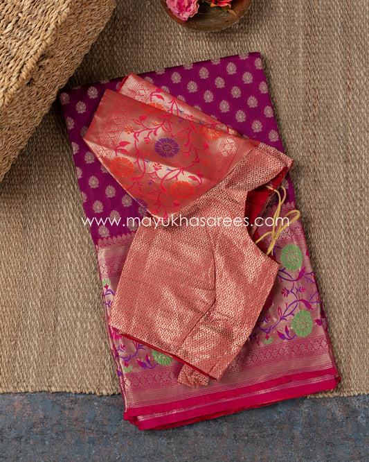 Divine Wine: Banarasi Kora Saree With Paithani Borders And Stitched Custom Blouse