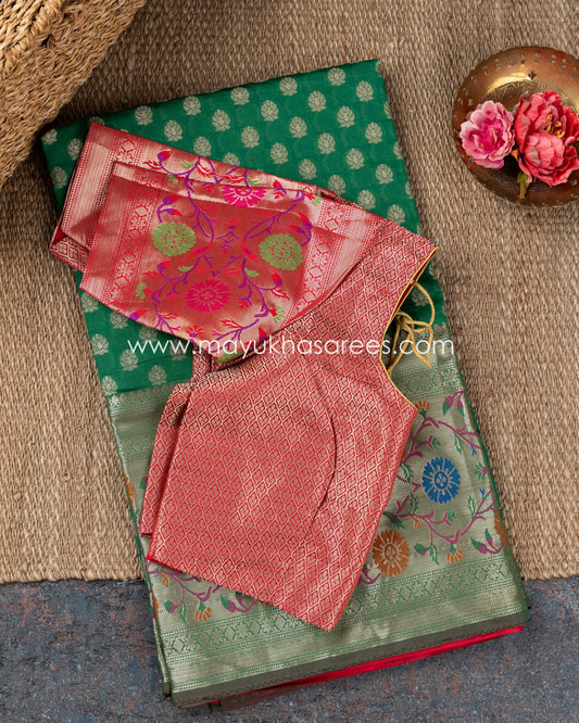 Emerald Elegance: Banarasi Kora Saree With Paithani Borders, Green And Red