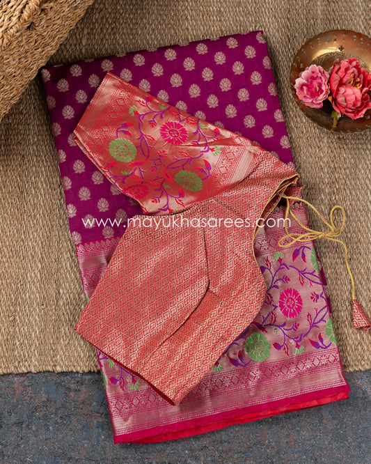 Divine Wine: Banarasi Kora Saree With Paithani Borders And Stitched Custom Blouse