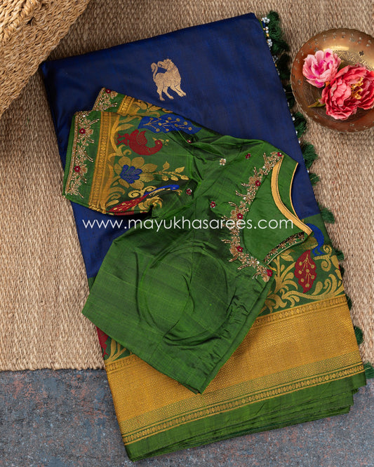 Enchanting Meenakari: Gadwal Pure Silk Saree With Deep Blue And Green