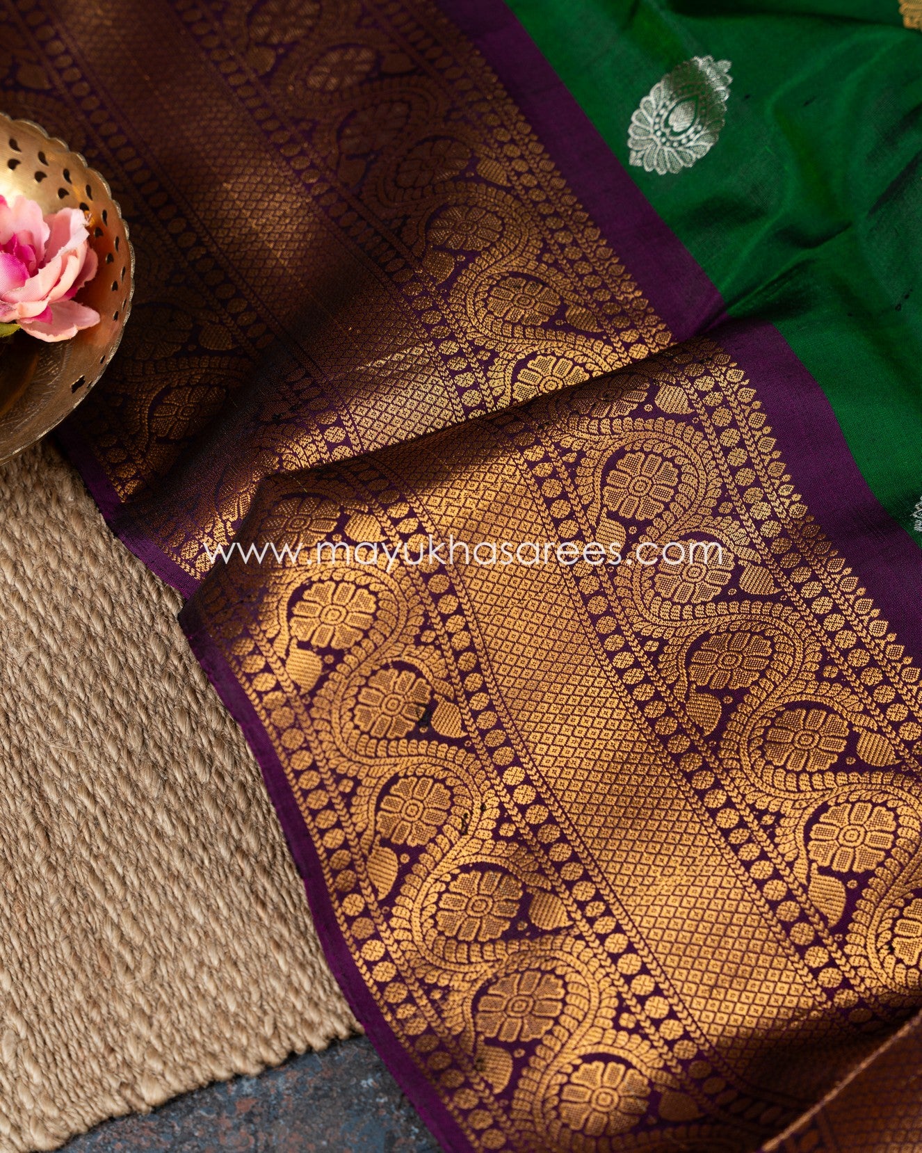 Glamourous Green And Wine Gadwal Pure Silk Saree With Copper Borders