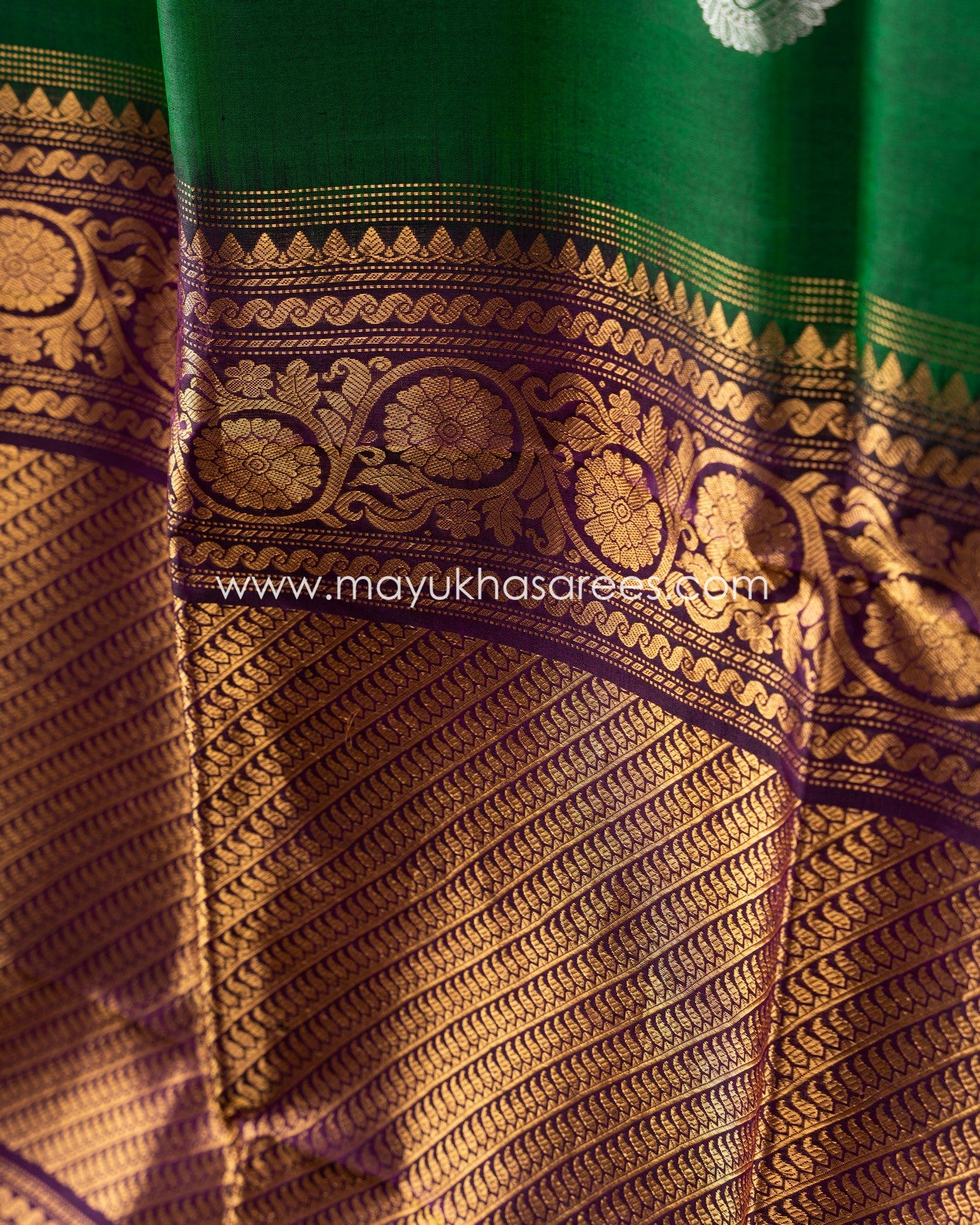 Glamourous Green And Wine Gadwal Pure Silk Saree With Copper Borders