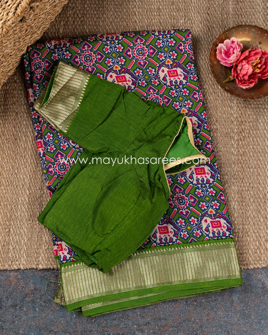 Mystique Patola Green Multi Silk Saree With Stitched Custom Blouse