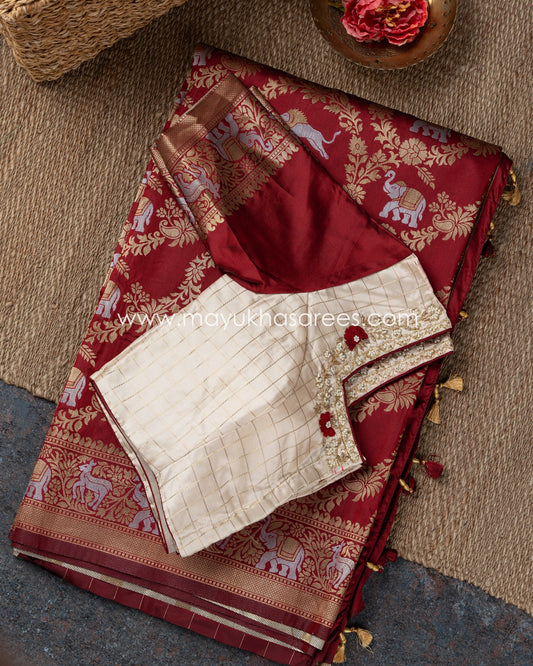 Maroon Magic: Banarasi Soft Silk Saree With Stitched Custom Blouse