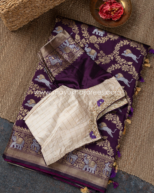 Mystique Wine: Banarasi Soft Silk Saree With Maggam Work