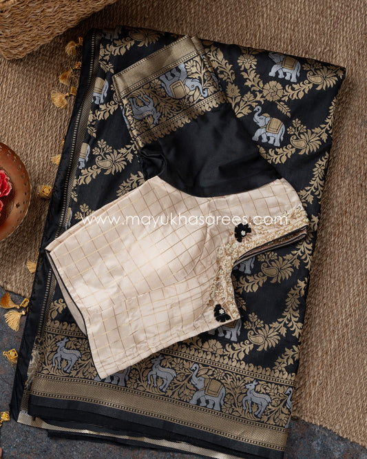 Mystique Black Banarasi Soft Silk Saree With Handcrafted Maggam