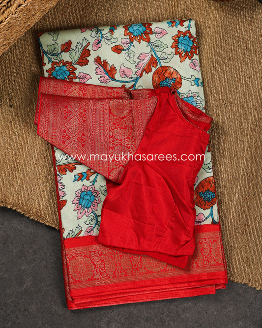 Kalamkari Prints on Munga Silk with Kanchipuram Borders and Stitched Blouse in Size 38 44