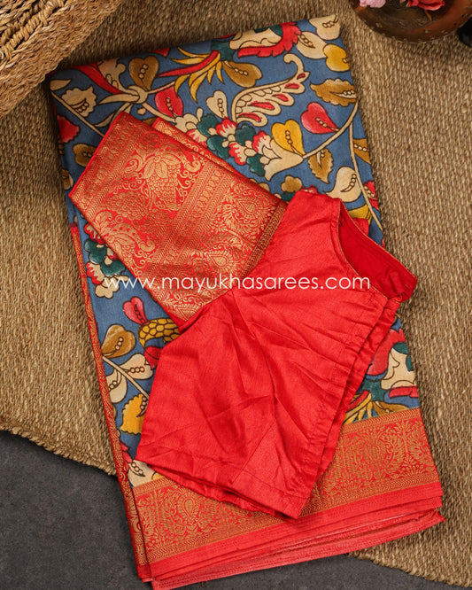 Kalamkari Prints on Munga Silk with Kanchipuram Borders and Stitched Blouse in Size 38 44