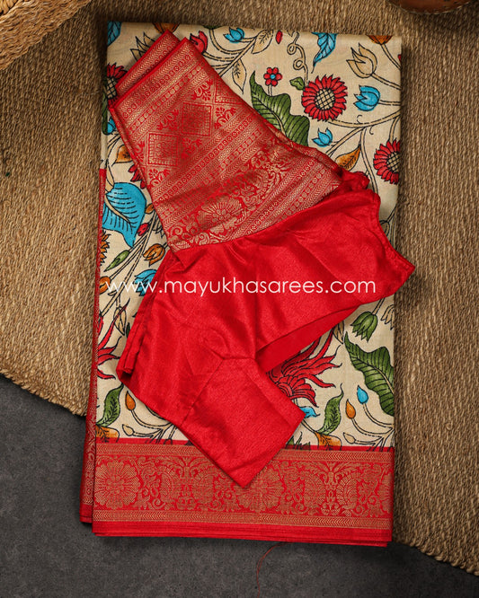 Kalamkari Prints on Munga Silk with Kanchipuram Borders and Stitched Blouse in Size 38 44