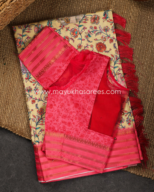 Dola Silk with Floral kalamkari and Pichwai Prints with Blouse 38-44