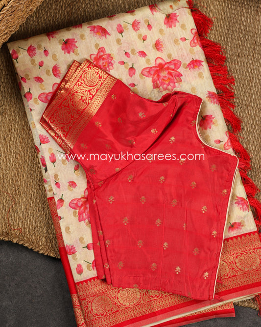 Beige and Red Lotus Printed Semi Kanchipuram with Gap borders and Stitched Blouse in Size 38-44