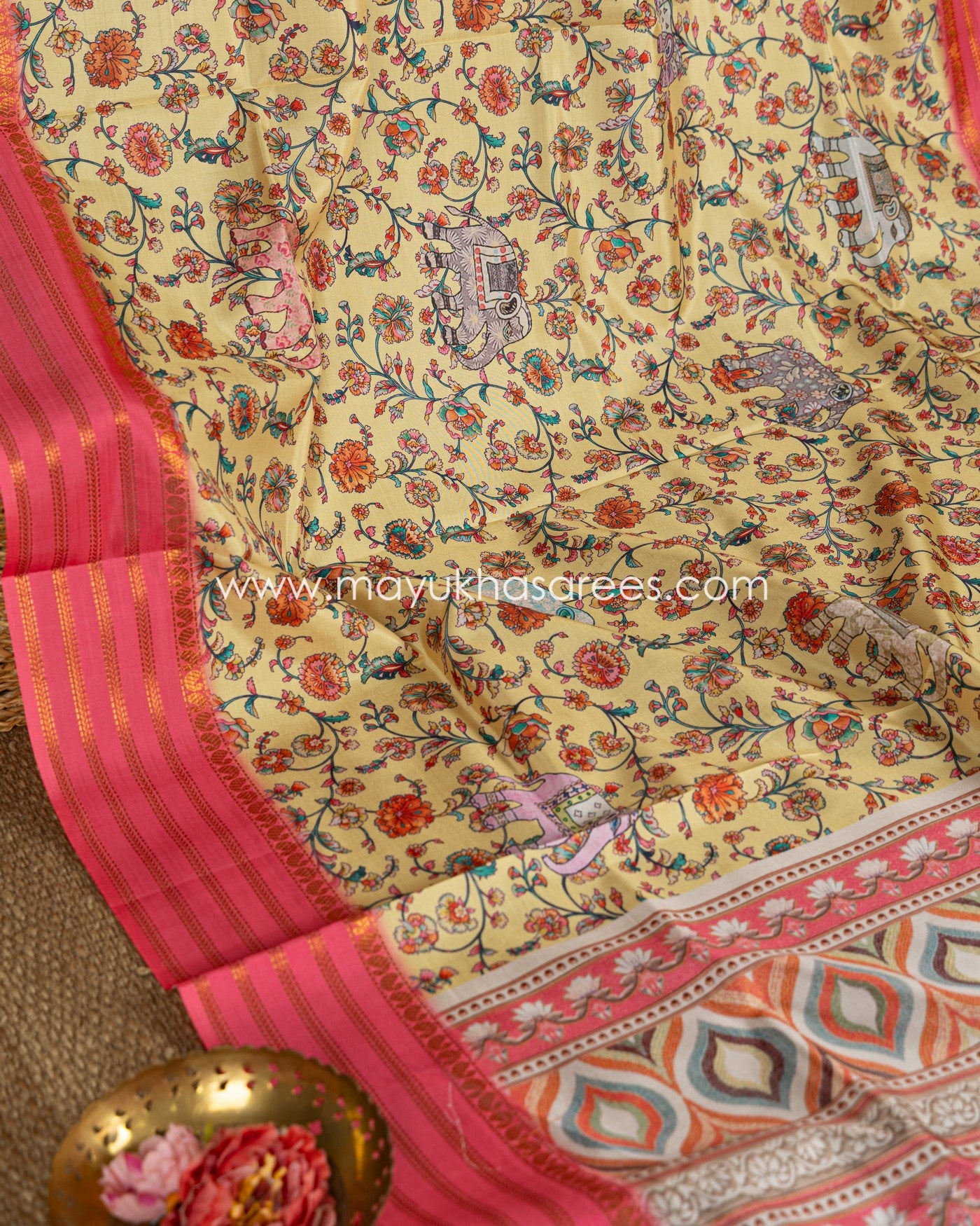 Yellow and Pink Dola Silk Saree with Floral kalamkari and Pichwai Printed Saree with Blouse 38-44