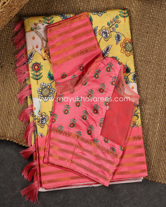 Yellow and Pink Dola Silk Saree with Floral kalamkari and Pichwai Printed Saree with Blouse 38-44